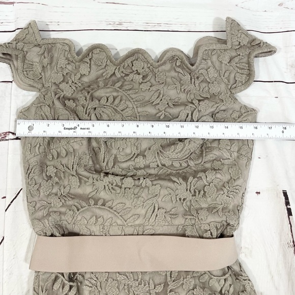 Tadashi Shoji Max Lace Dress Women’s Size 6 Off The Shoulder Taupe Belted. - Picture 10 of 13